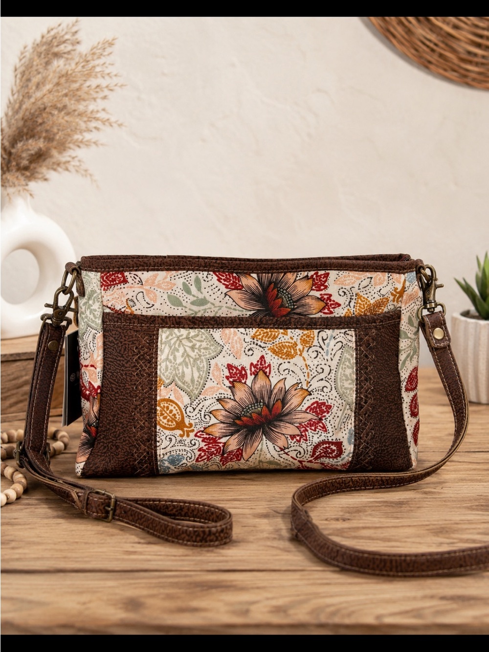 Myra Bag Floral Patchwork Crossbody Bag in Brown and Multicolor